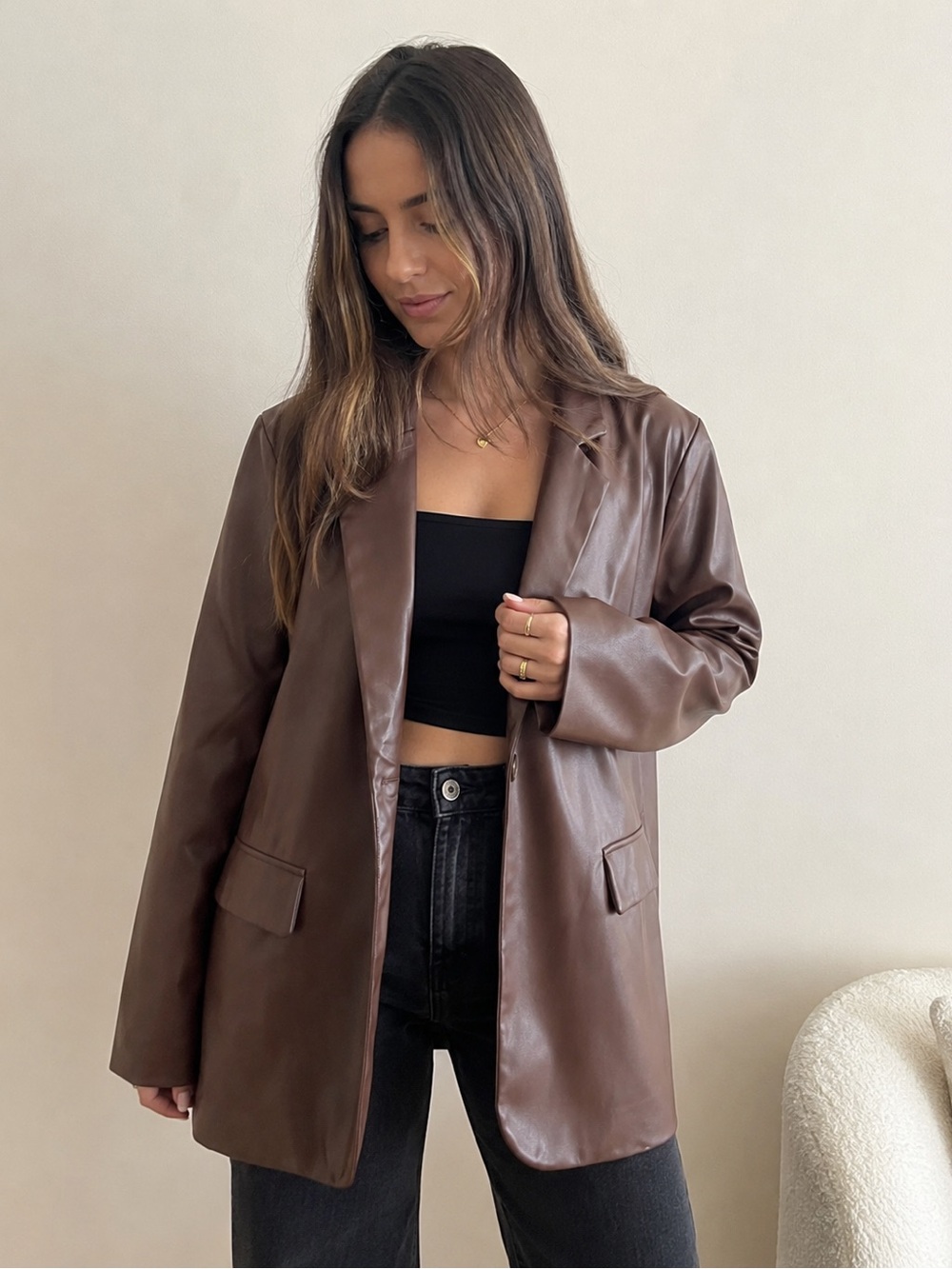 Brown Faux Leather Blazer Jacket - Women
